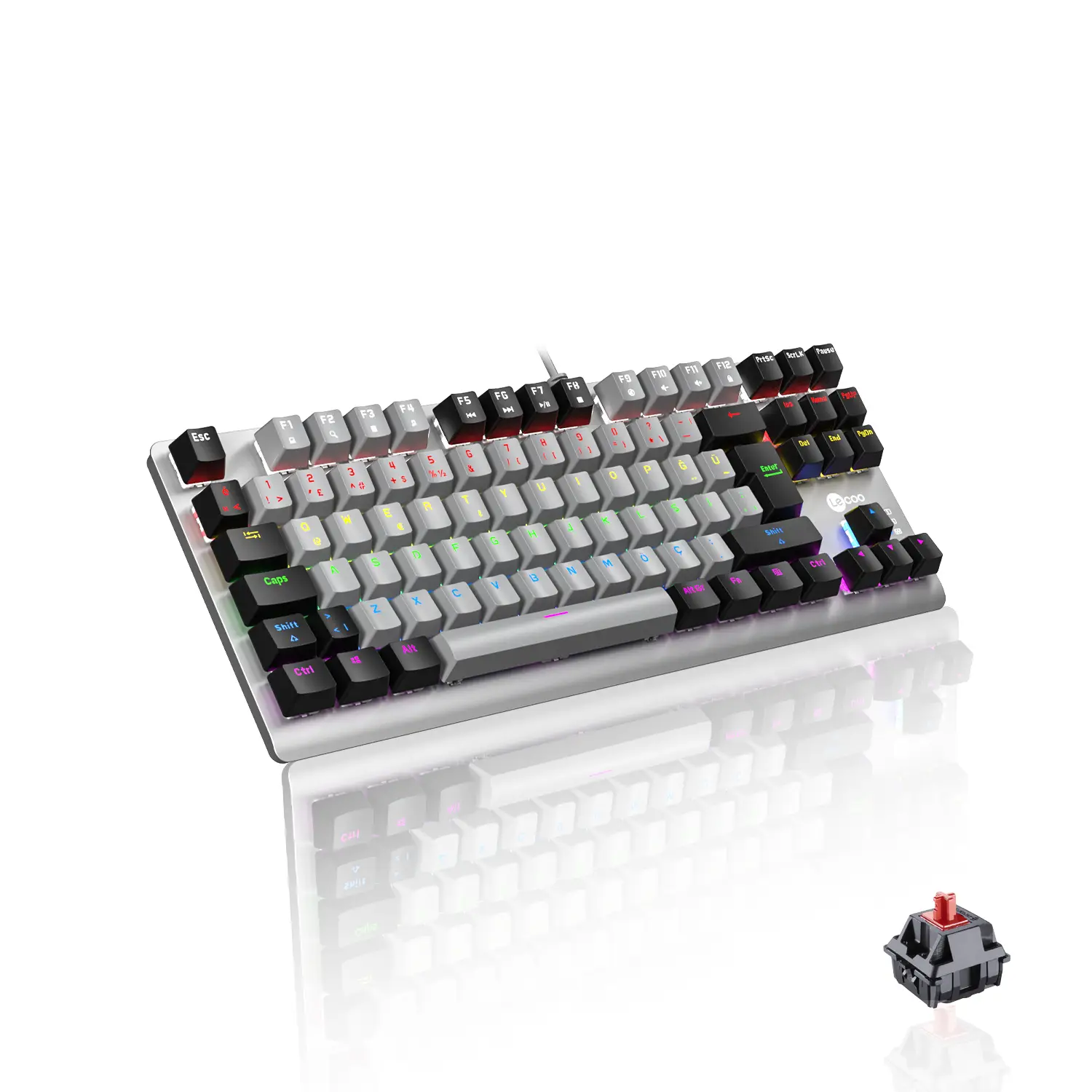 Lecoo GK304 USB Kablolu Red Switch Makro Tuşlu RGB LED Aydınlatmalı Gaming Mekanik Türkçe Q Klavye Gri Ağırlıklı Gri & Siyah