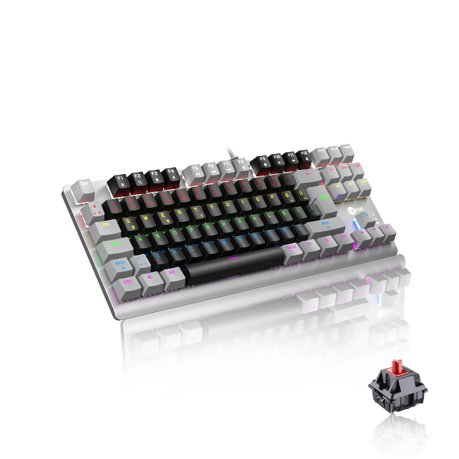 Lecoo GK304 USB Kablolu Red Switch Makro Tuşlu RGB LED Aydınlatmalı Gaming Mekanik Türkçe Q Klavye Siyah Ağırlıklı Siyah & Gri