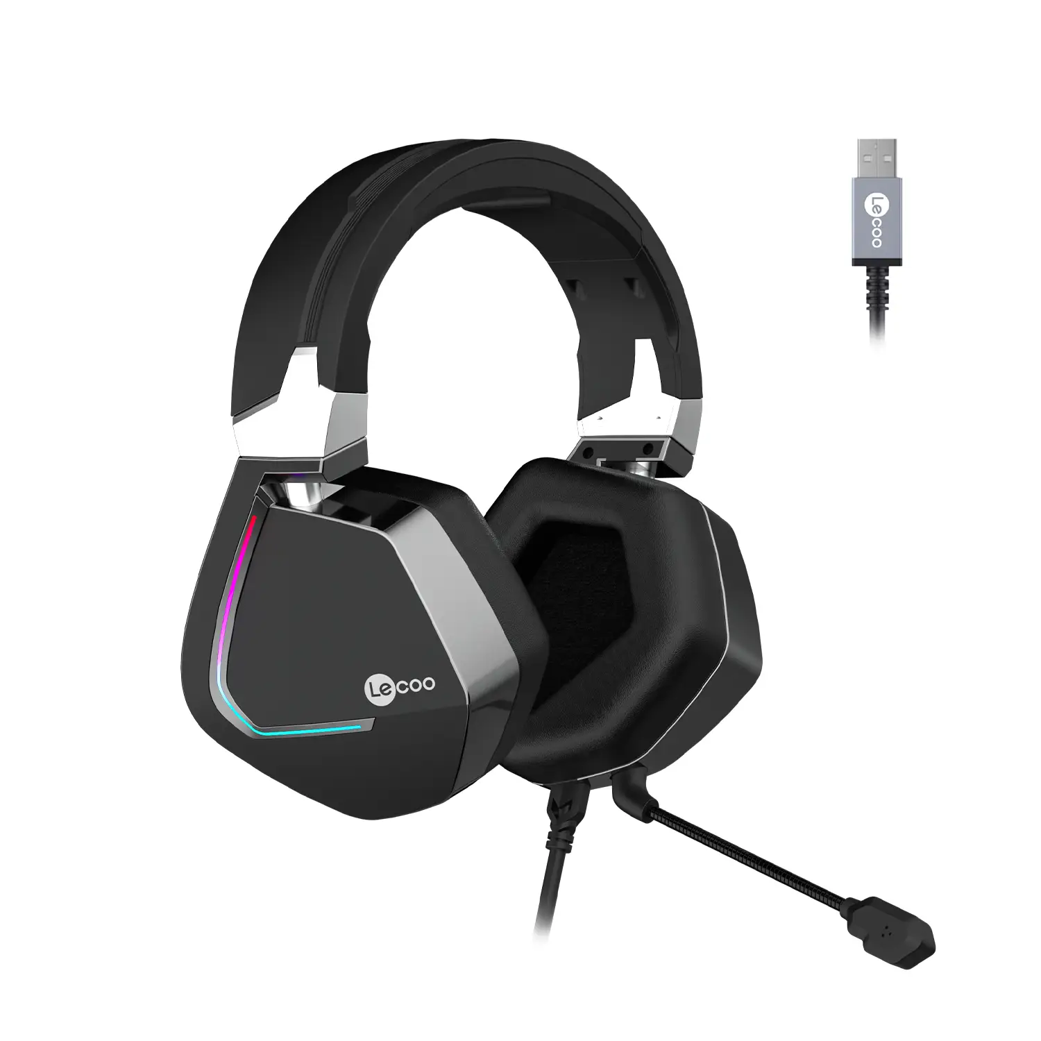 Lecoo HT402 USB Kablolu Surround 7.1 RGB LED Aydınlatmalı Çıkartılabilir Mikrofonlu Kulak Üstü Gaming Kulaklık Siyah