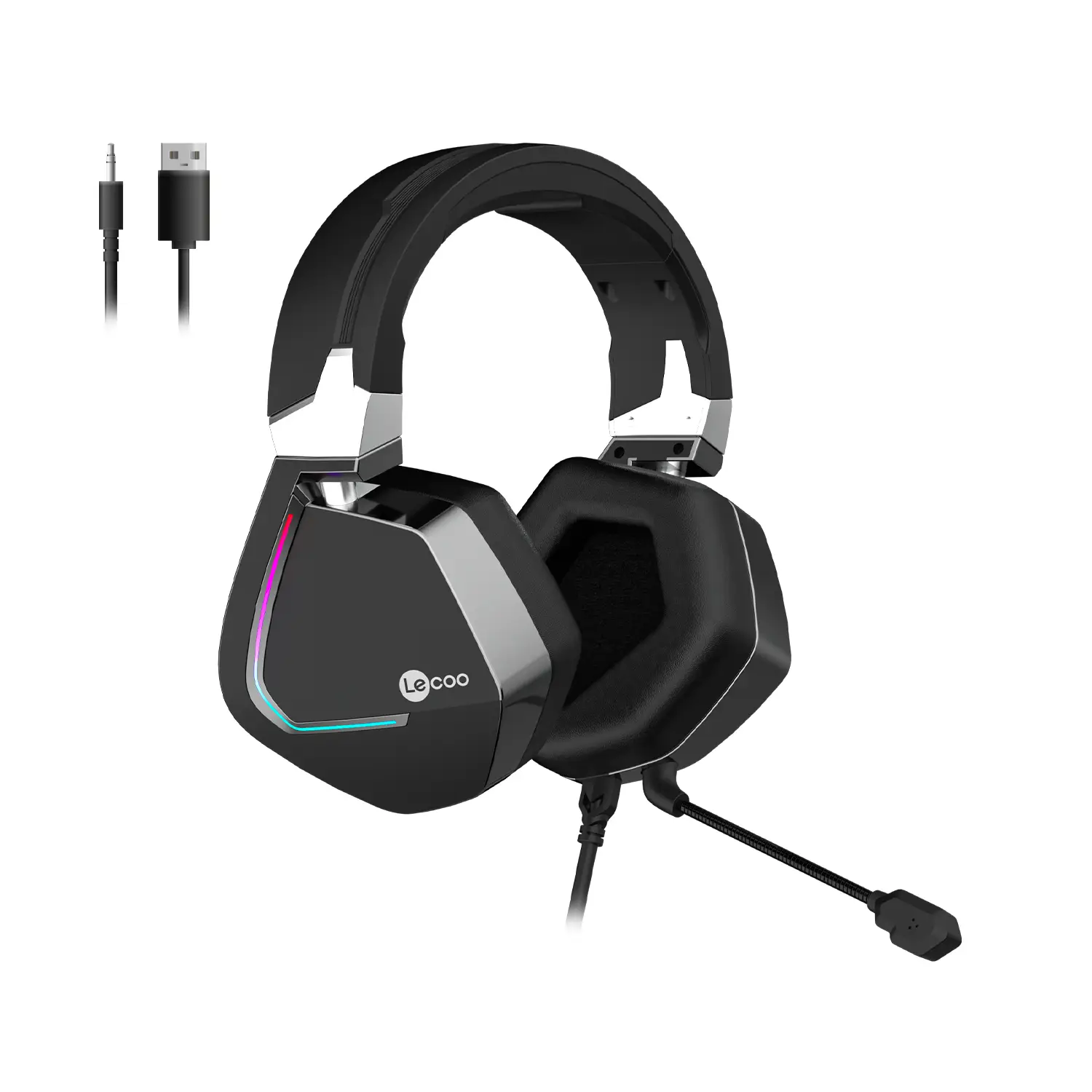 Lecoo HT402 USB + 3.5mm Jack Kablolu RGB LED Aydınlatmalı Çıkartılabilir Mikrofonlu Kulak Üstü Gaming Kulaklık Siyah
