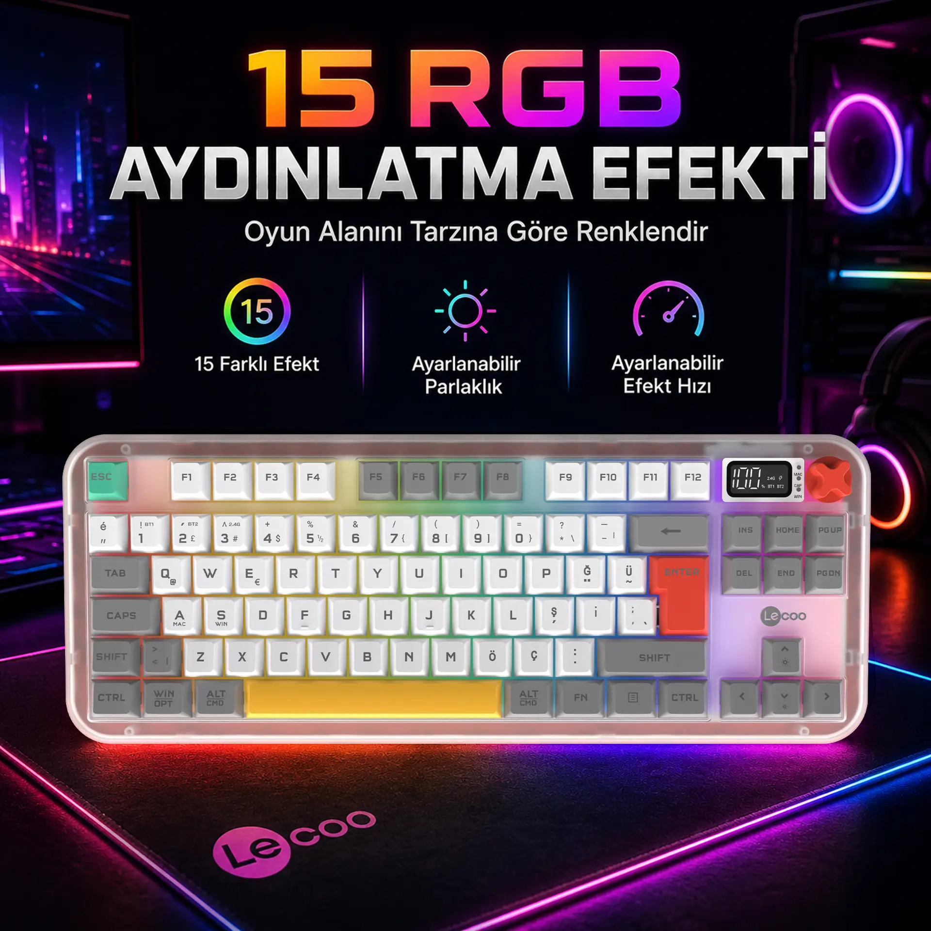 Lecoo GK302 Üç Modlu RGB Kablosuz 85 Tuşlu Türkçe Q Membran Oyuncu Klavyesi Beyaz Gri - Image 6