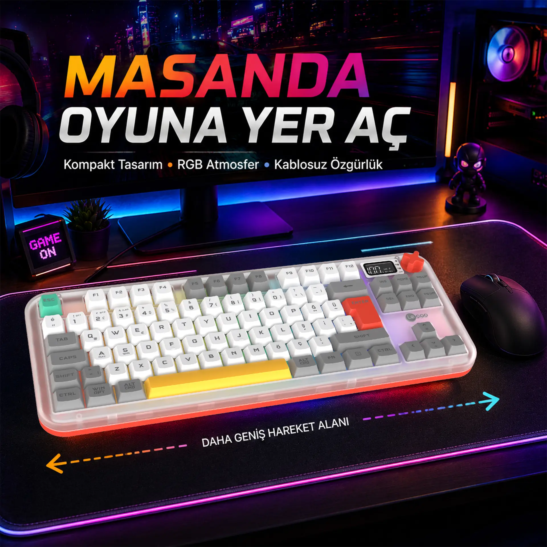 Lecoo GK302 Üç Modlu RGB Kablosuz 85 Tuşlu Türkçe Q Membran Oyuncu Klavyesi Beyaz Gri - Image 7