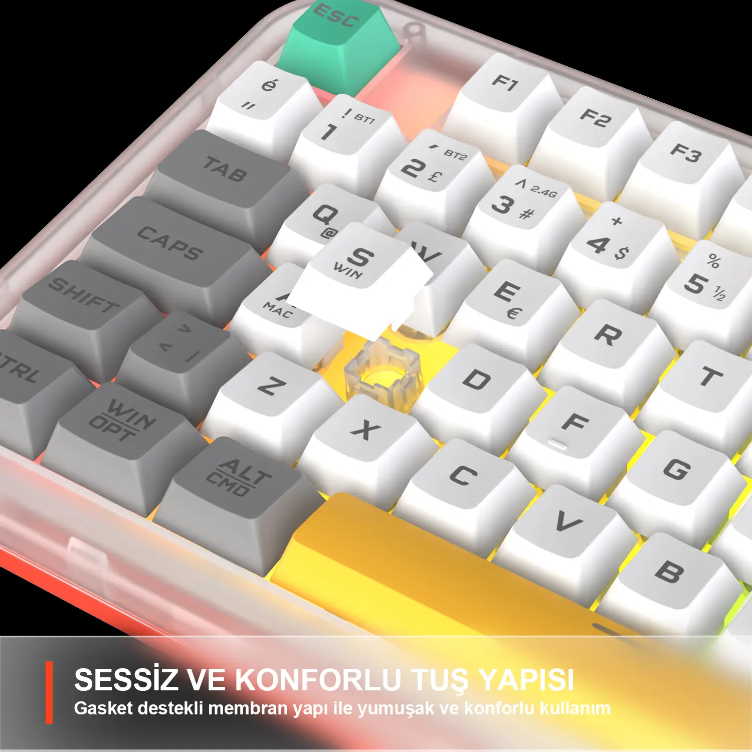 Lecoo GK302 Üç Modlu RGB Kablosuz 85 Tuşlu Türkçe Q Membran Oyuncu Klavyesi Beyaz Gri - Image 3
