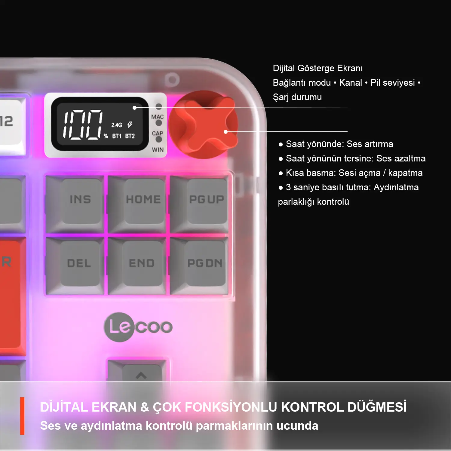 Lecoo GK302 Üç Modlu RGB Kablosuz 85 Tuşlu Türkçe Q Membran Oyuncu Klavyesi Beyaz Gri - Image 8