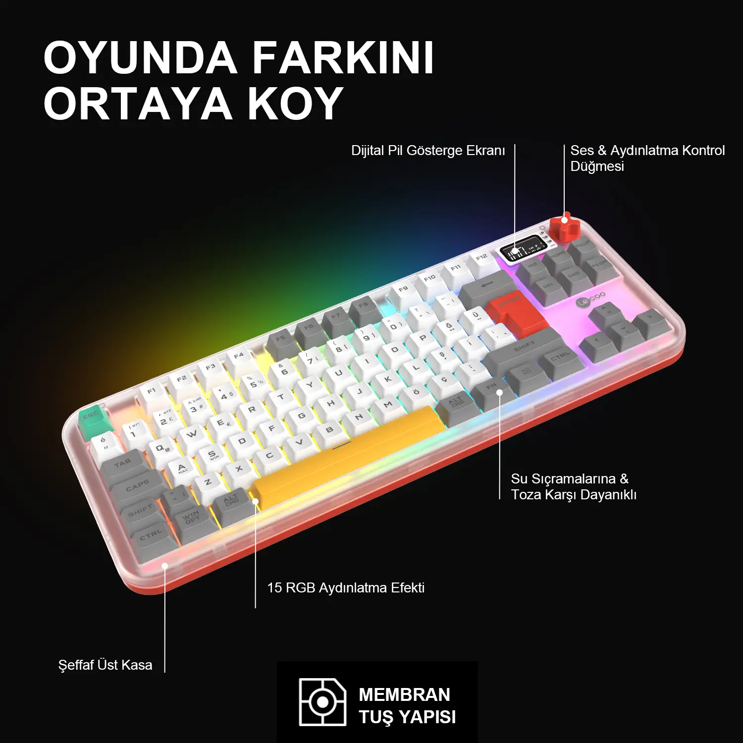 Lecoo GK302 Üç Modlu RGB Kablosuz 85 Tuşlu Türkçe Q Membran Oyuncu Klavyesi Beyaz Gri - Image 2