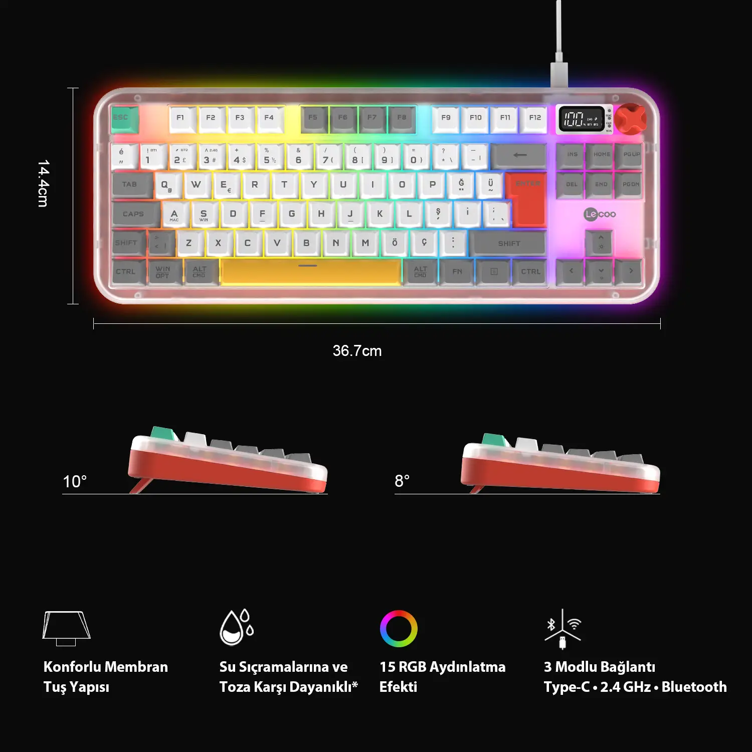 Lecoo GK302 Üç Modlu RGB Kablosuz 85 Tuşlu Türkçe Q Membran Oyuncu Klavyesi Beyaz Gri - Image 11