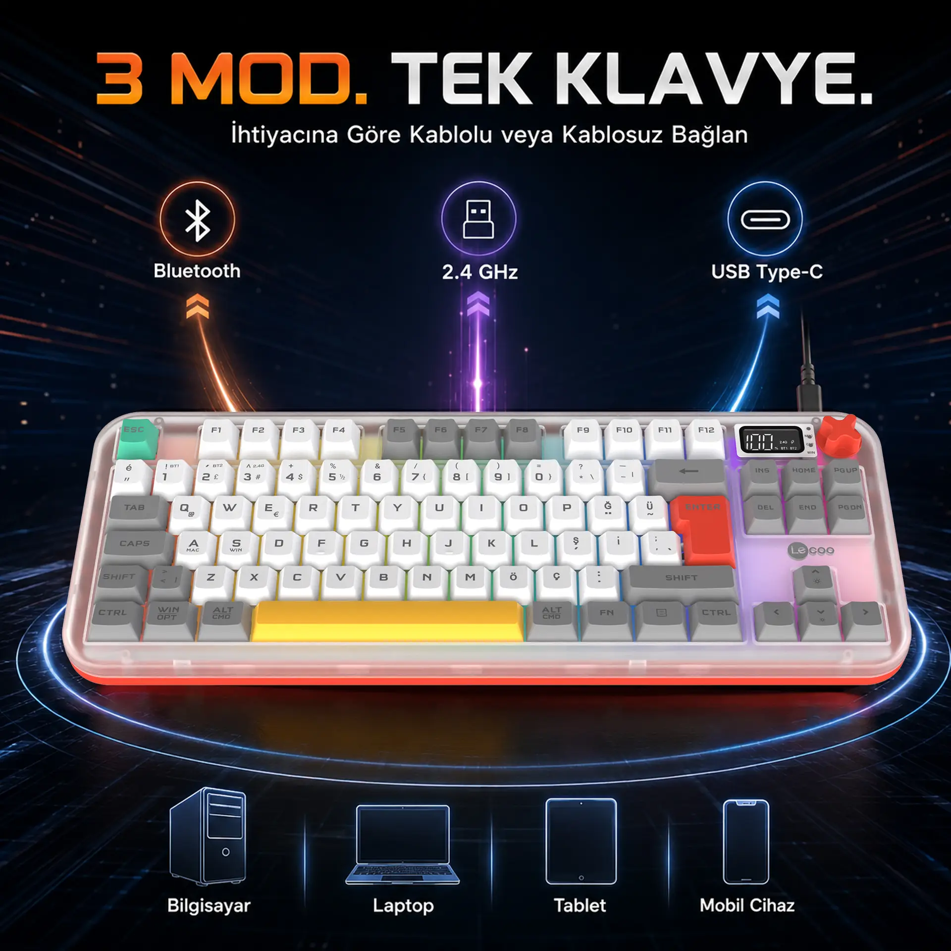 Lecoo GK302 Üç Modlu RGB Kablosuz 85 Tuşlu Türkçe Q Membran Oyuncu Klavyesi Beyaz Gri - Image 5