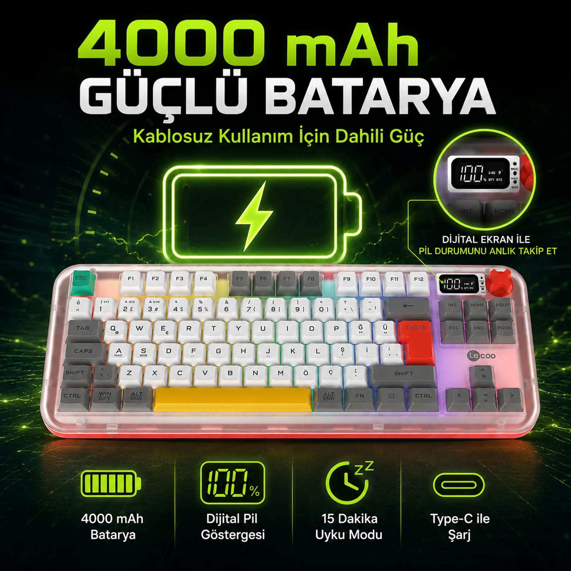 Lecoo GK302 Üç Modlu RGB Kablosuz 85 Tuşlu Türkçe Q Membran Oyuncu Klavyesi Beyaz Gri - Image 9