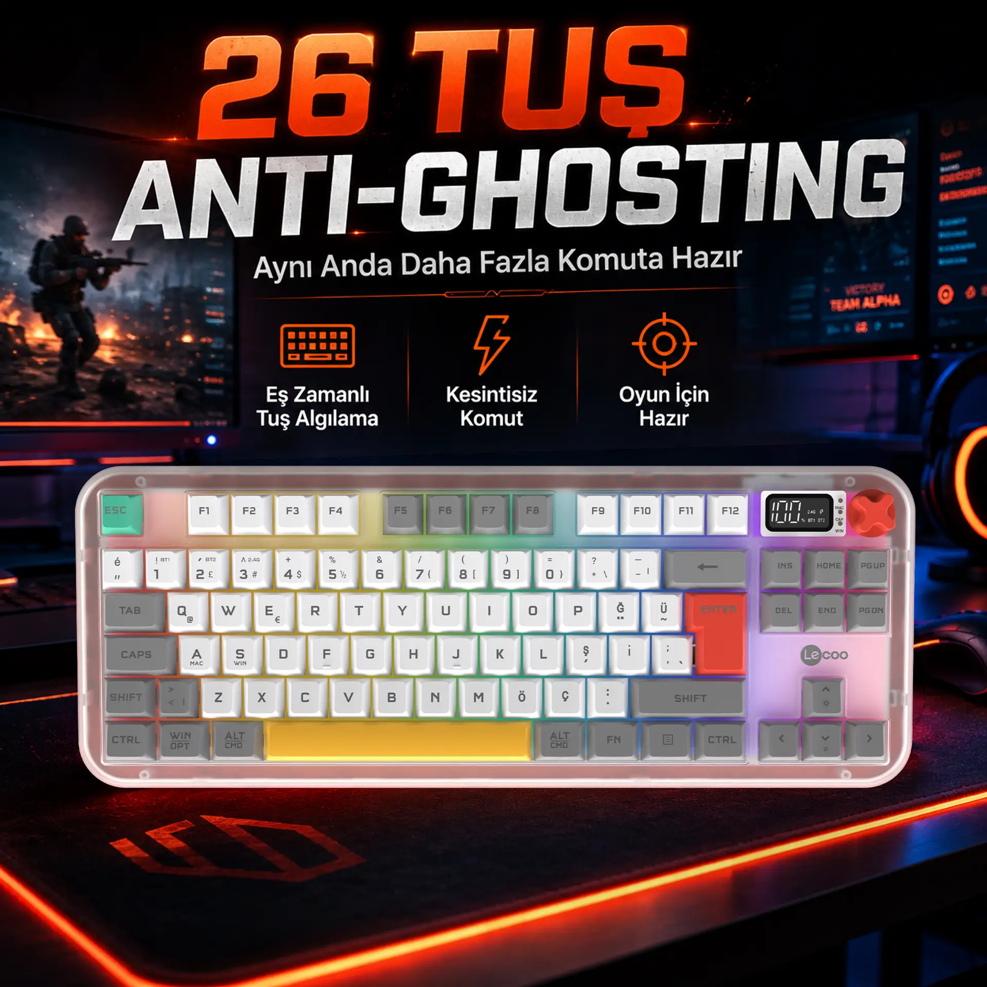 Lecoo GK302 Üç Modlu RGB Kablosuz 85 Tuşlu Türkçe Q Membran Oyuncu Klavyesi Beyaz Gri - Image 10