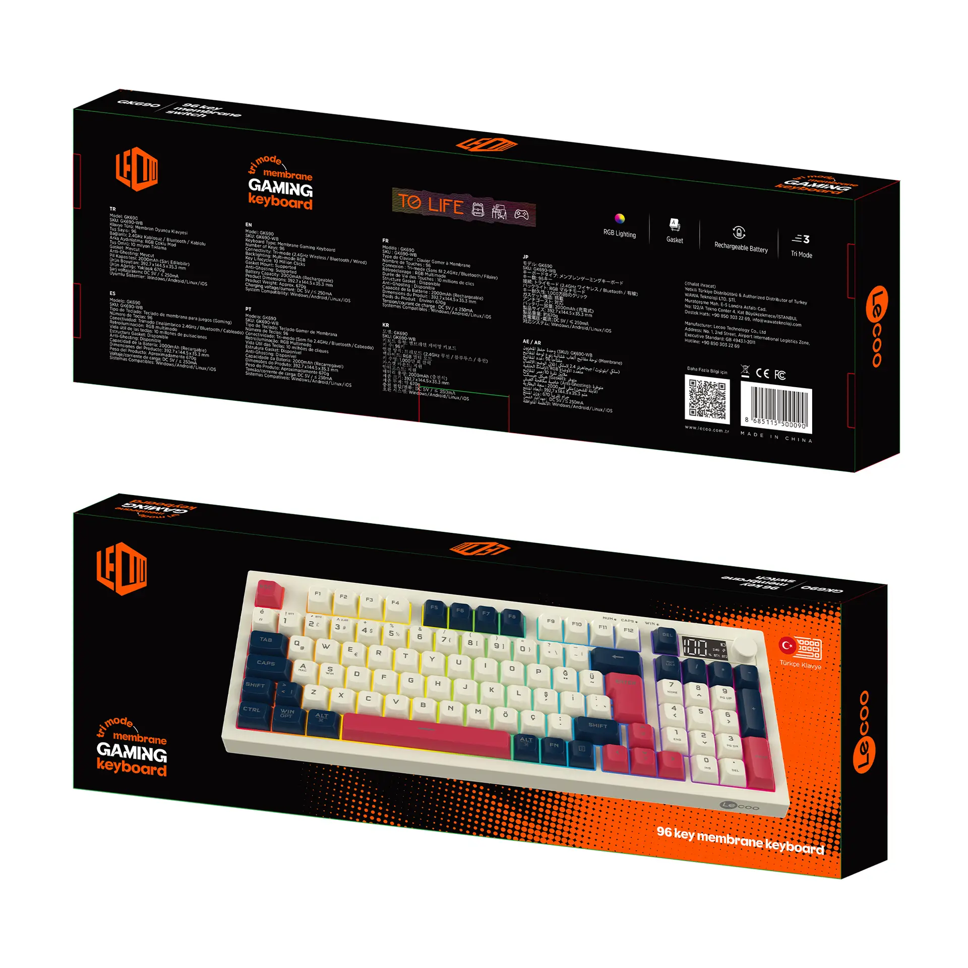 Lecoo GK690 Kablosuz 3 Modlu 96 Tuşlu RGB Gasket Membran Türkçe Q Oyuncu Klavyesi Beyaz Lacivert - Image 12