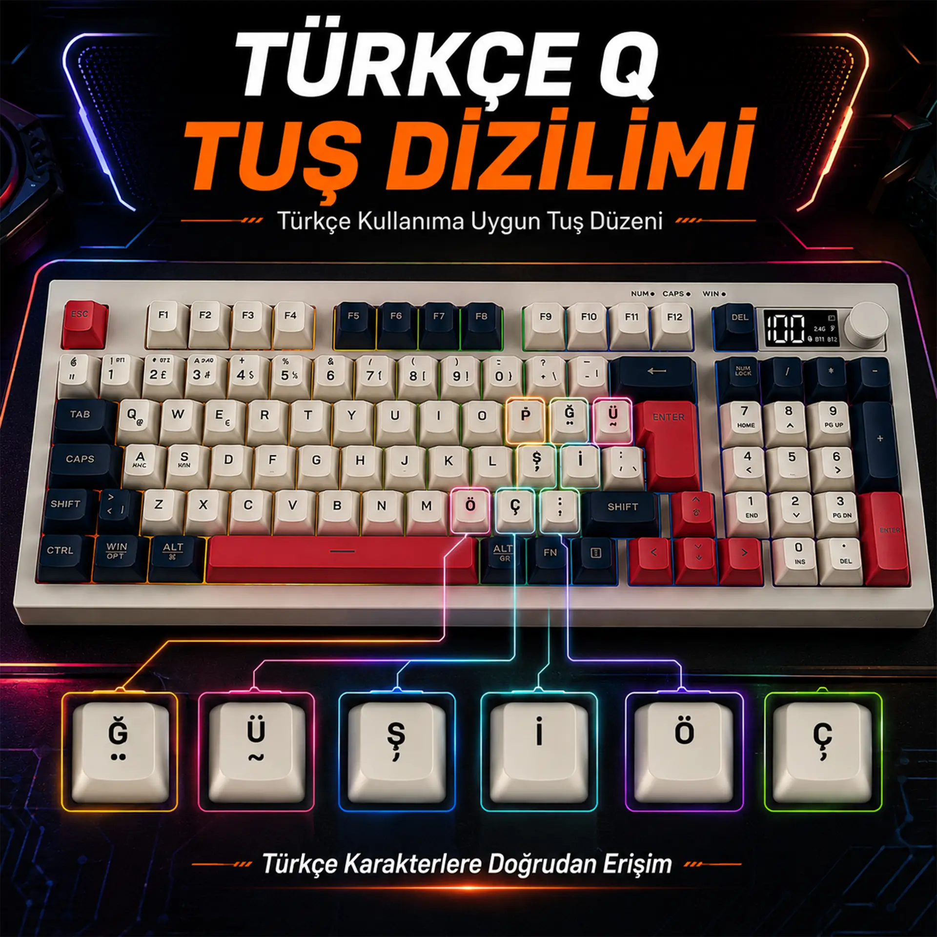 Lecoo GK690 Kablosuz 3 Modlu 96 Tuşlu RGB Gasket Membran Türkçe Q Oyuncu Klavyesi Beyaz Lacivert - Image 11