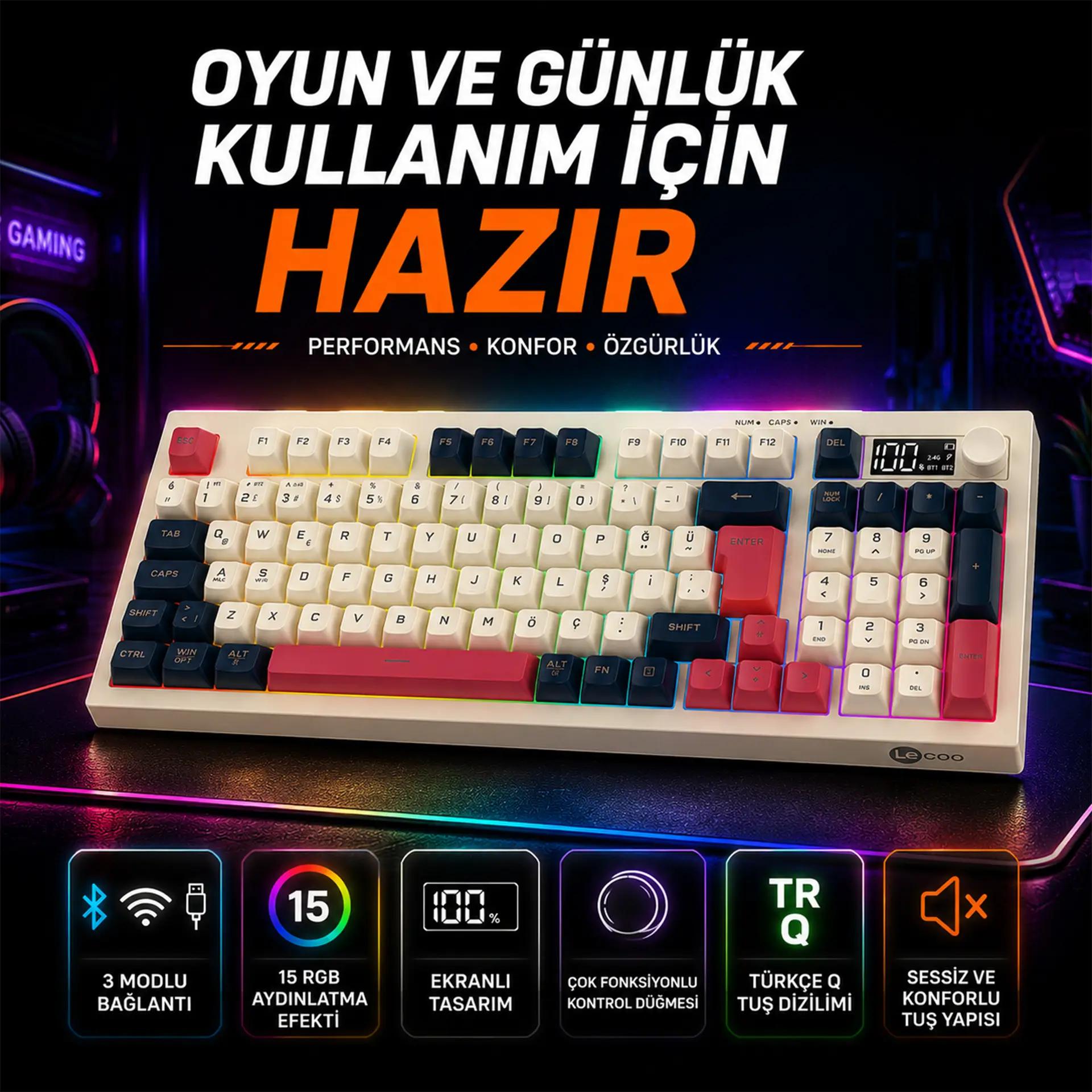Lecoo GK690 Kablosuz 3 Modlu 96 Tuşlu RGB Gasket Membran Türkçe Q Oyuncu Klavyesi Beyaz Lacivert - Image 9