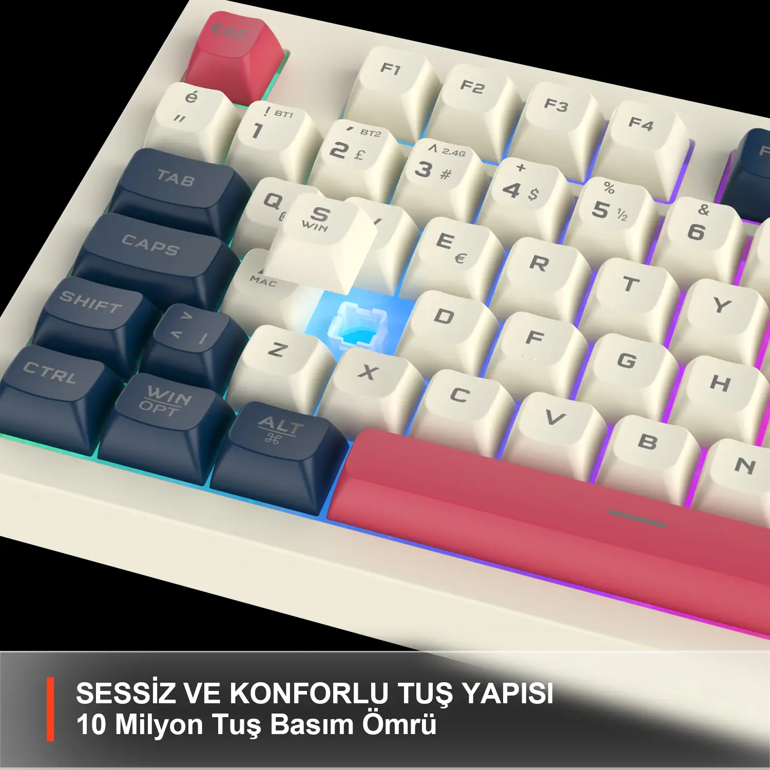 Lecoo GK690 Kablosuz 3 Modlu 96 Tuşlu RGB Gasket Membran Türkçe Q Oyuncu Klavyesi Beyaz Lacivert - Image 2