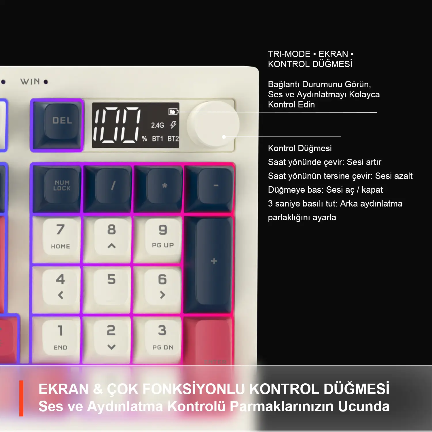 Lecoo GK690 Kablosuz 3 Modlu 96 Tuşlu RGB Gasket Membran Türkçe Q Oyuncu Klavyesi Beyaz Lacivert - Image 4