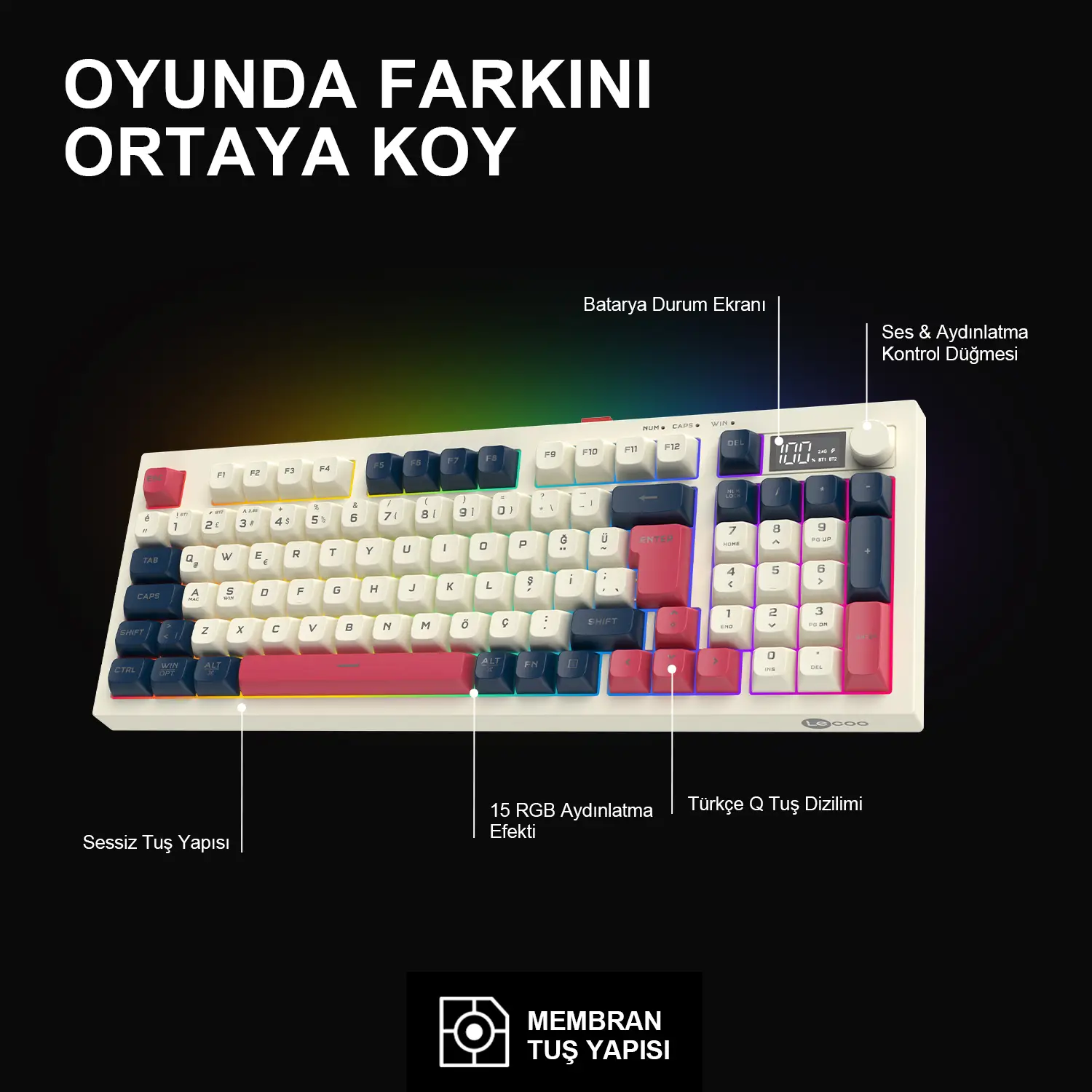 Lecoo GK690 Kablosuz 3 Modlu 96 Tuşlu RGB Gasket Membran Türkçe Q Oyuncu Klavyesi Beyaz Lacivert - Image 5