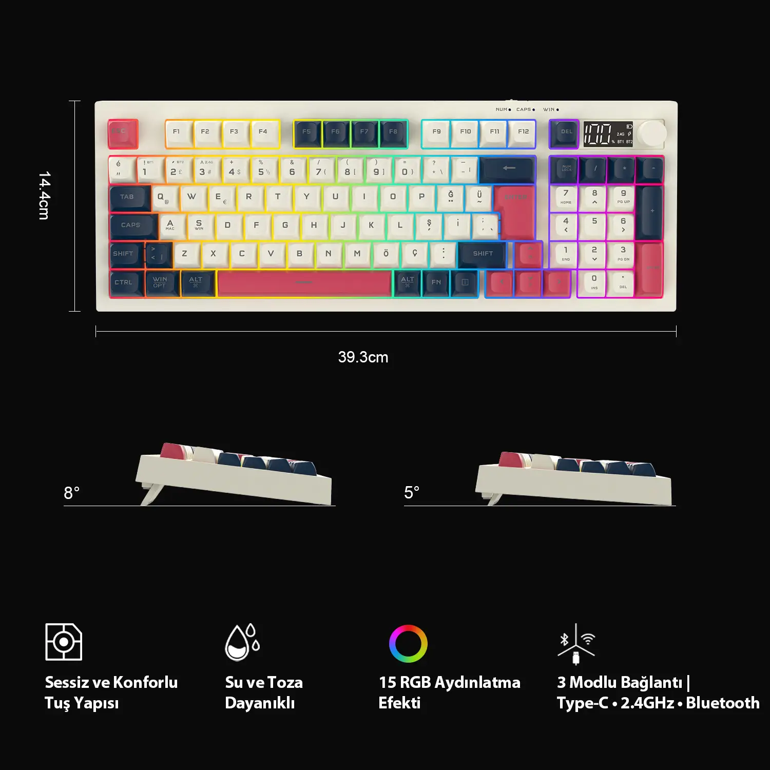 Lecoo GK690 Kablosuz 3 Modlu 96 Tuşlu RGB Gasket Membran Türkçe Q Oyuncu Klavyesi Beyaz Lacivert - Image 6
