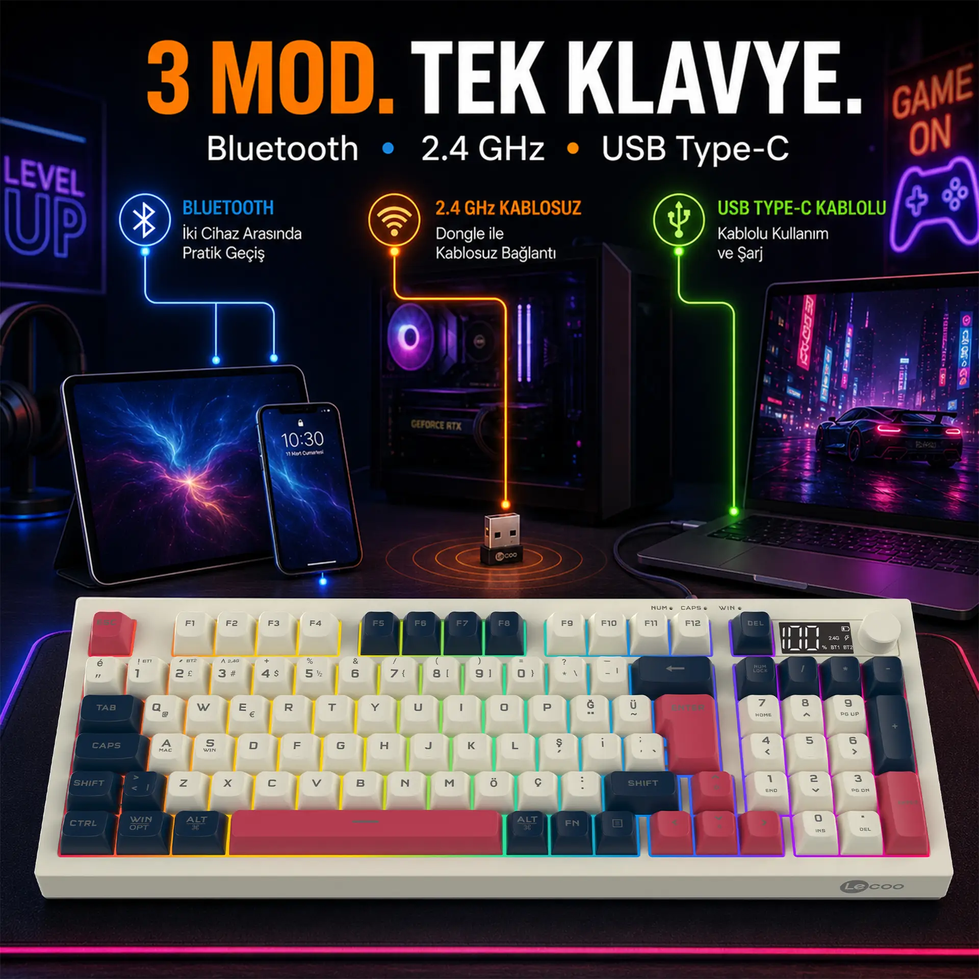Lecoo GK690 Kablosuz 3 Modlu 96 Tuşlu RGB Gasket Membran Türkçe Q Oyuncu Klavyesi Beyaz Lacivert - Image 7
