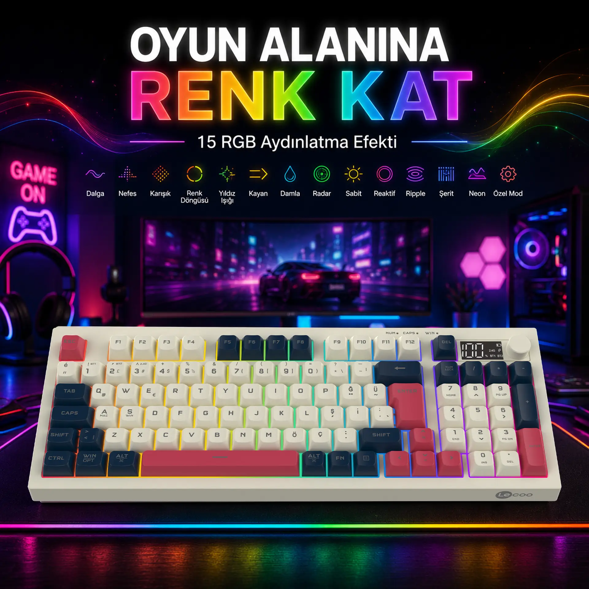 Lecoo GK690 Kablosuz 3 Modlu 96 Tuşlu RGB Gasket Membran Türkçe Q Oyuncu Klavyesi Beyaz Lacivert - Image 8
