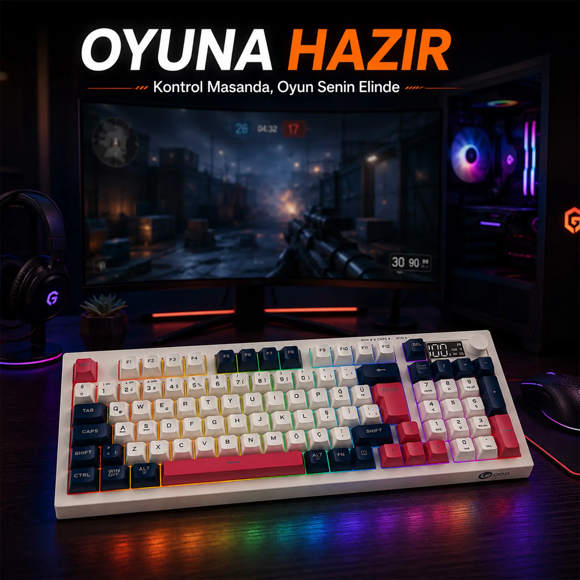 Lecoo GK690 Kablosuz 3 Modlu 96 Tuşlu RGB Gasket Membran Türkçe Q Oyuncu Klavyesi Beyaz Lacivert - Image 10