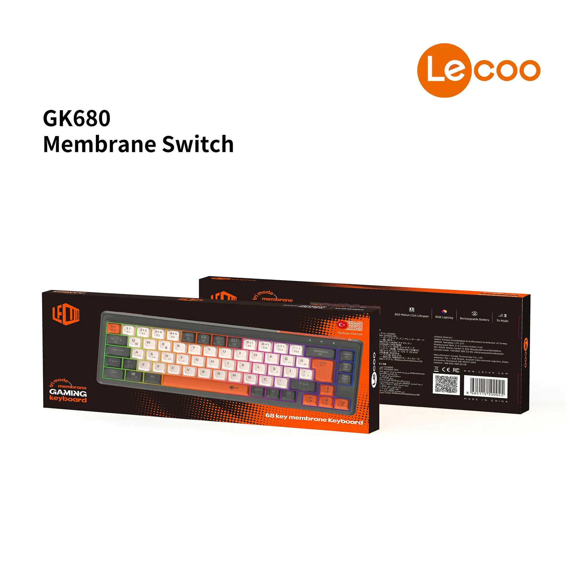 Lecoo GK680 Üç Modlu RGB Aydınlatmalı 68 Tuş Membran Gaming Klavye Siyah Turuncu - Image 7