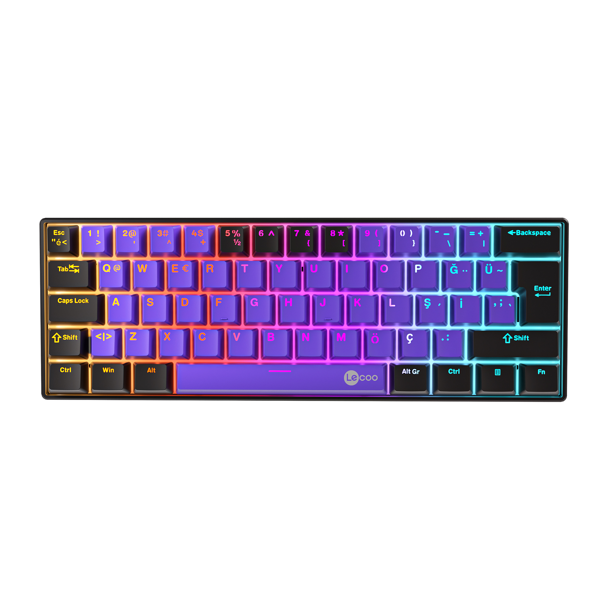 Lecoo GK601 Pro Üç Modlu 62 Tuşlu Blue Switch Hot Swap Mekanik Oyuncu Klavyesi Mor Siyah