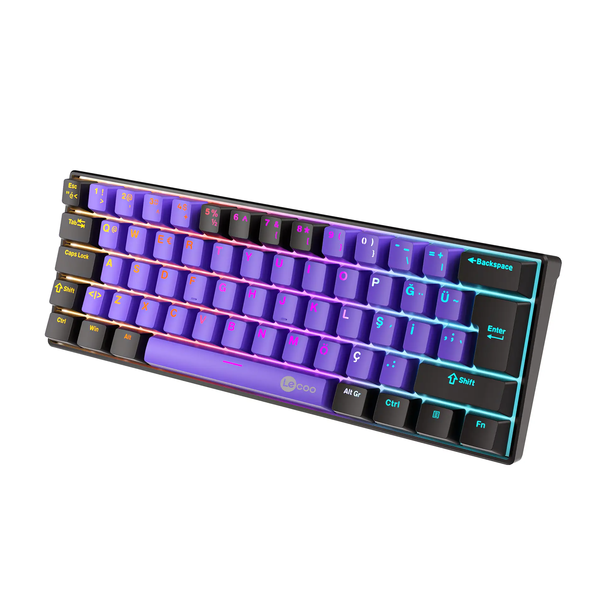 Lecoo GK601 Pro Üç Modlu 62 Tuşlu Blue Switch Hot Swap Mekanik Oyuncu Klavyesi Mor Siyah - Image 2