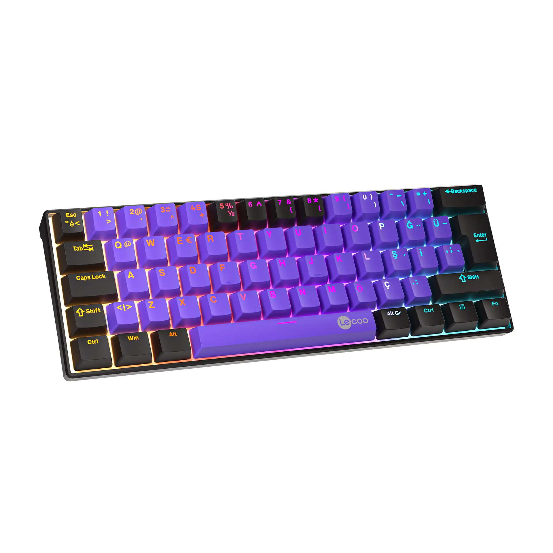 Lecoo GK601 Pro Üç Modlu 62 Tuşlu Blue Switch Hot Swap Mekanik Oyuncu Klavyesi Mor Siyah - Image 5